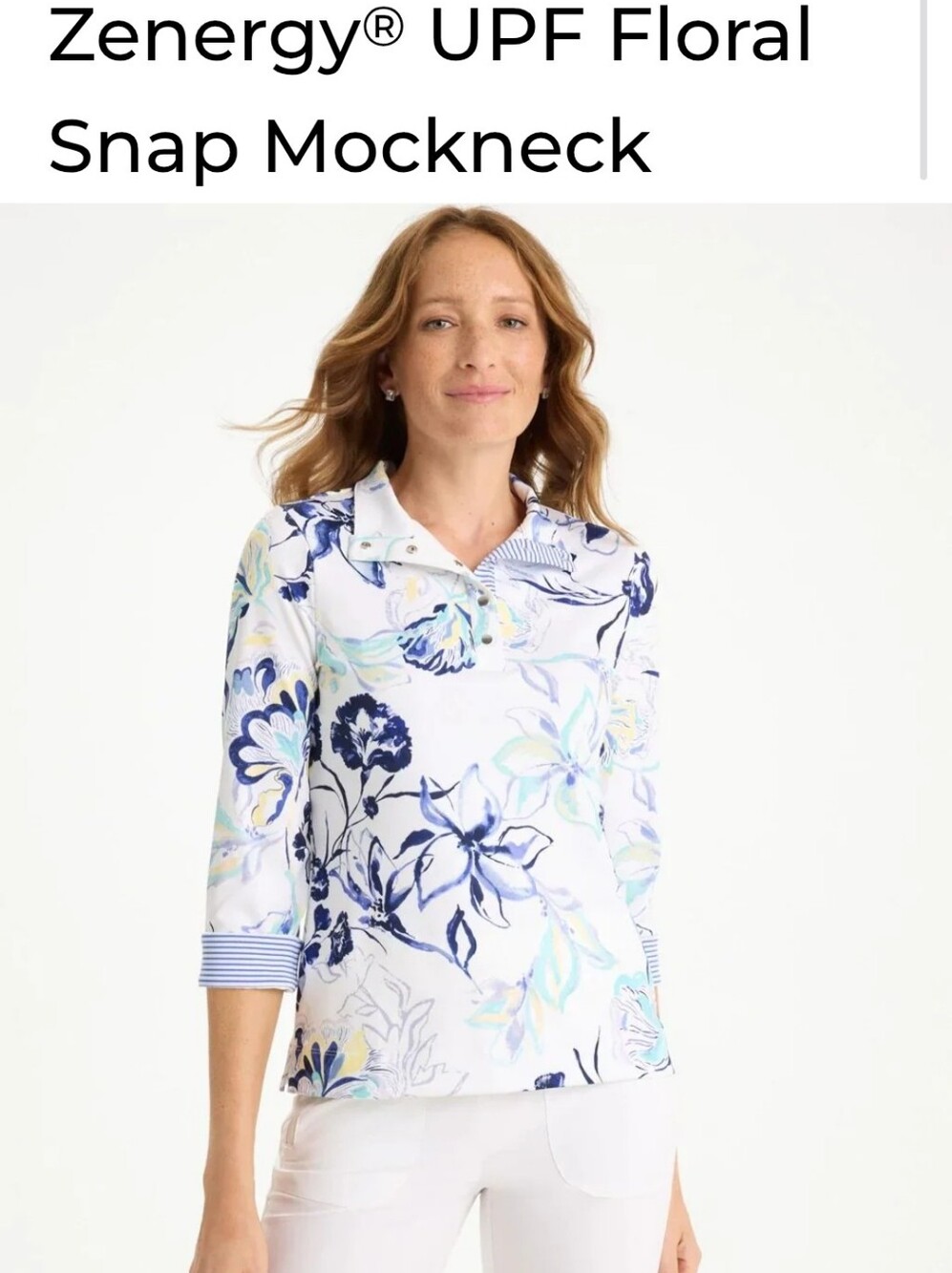 Chico's White Floral Snap Mockneck Top with Blue & Green Accents Size Large NWT